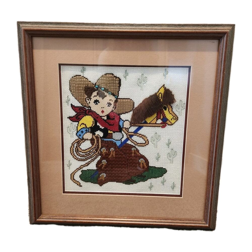 Juvenile Wall Art Needlepoint Lil Cowboy Western Finished Embroidery Framed Vtg